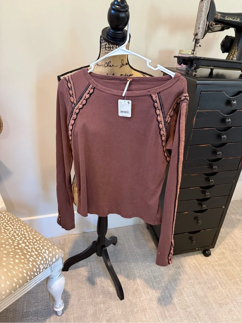 Free People Brown Embellished Long Sleeve Crewneck Top